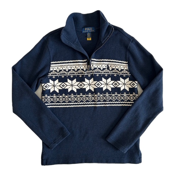 Polo Ralph Lauren Boy’s Blue Snowflake Ribbed Quarter‎ Zip Pullover Sweater M - Picture 1 of 11